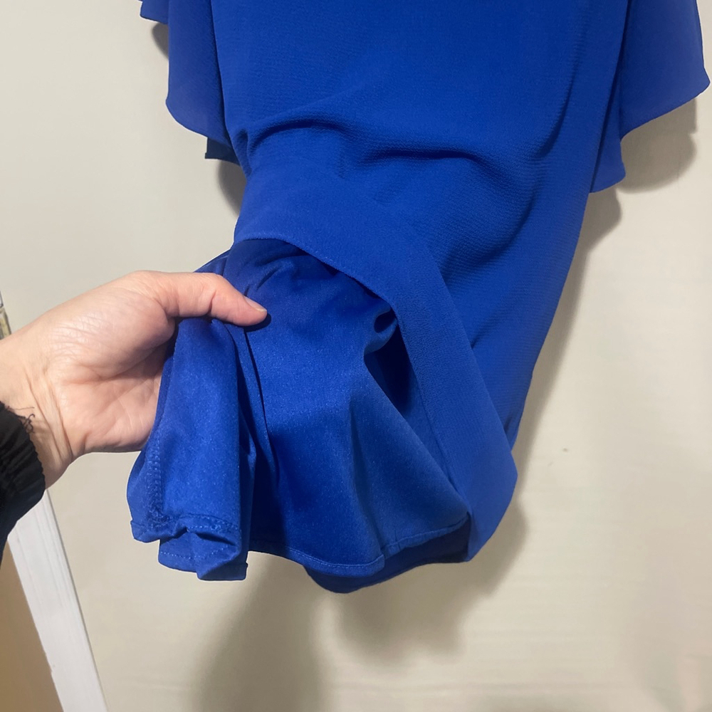 Women's London Times Royal Blue Cold Shoulder Ruffle Mini Dress US 4 - Picture 6 of 9